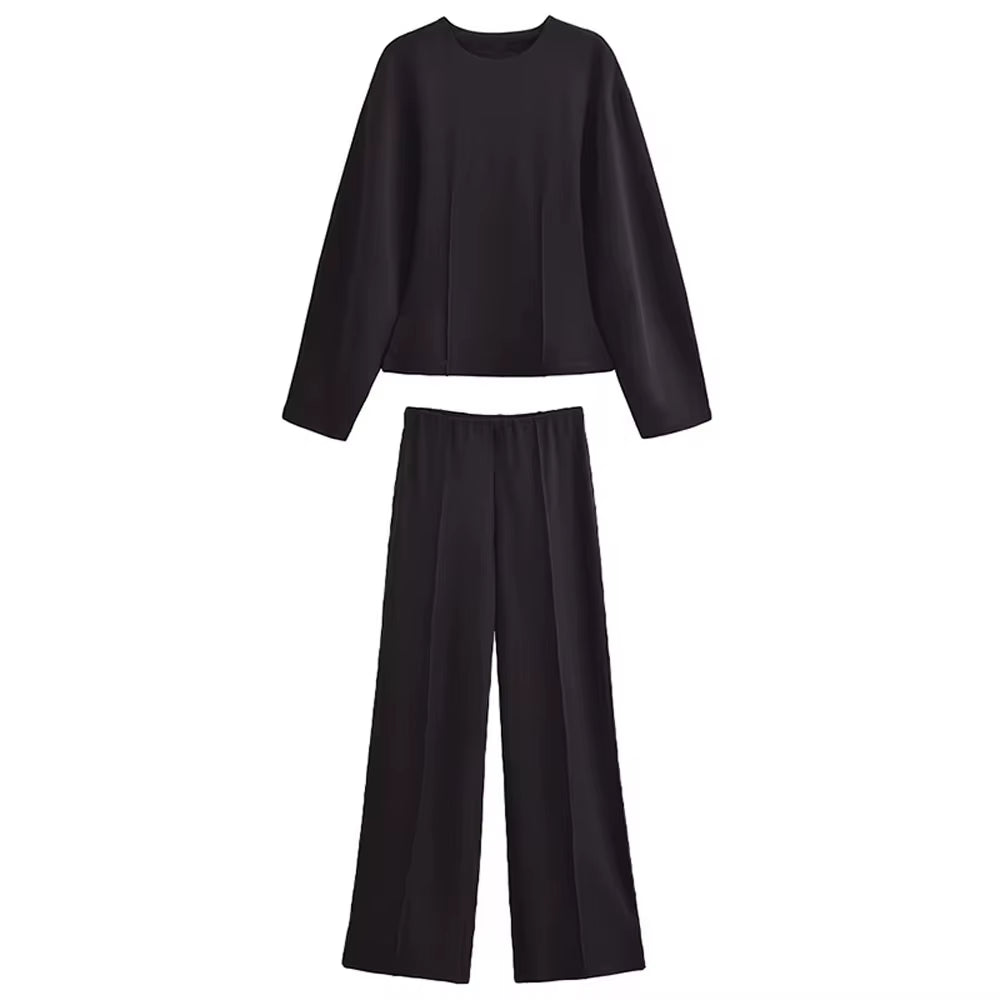 Women'S 2-Piece Set Fashion Slimming Double-Sided Fabric round Neck Long-Sleeve Top+Elegant Stretch Casual Wide Leg Pants