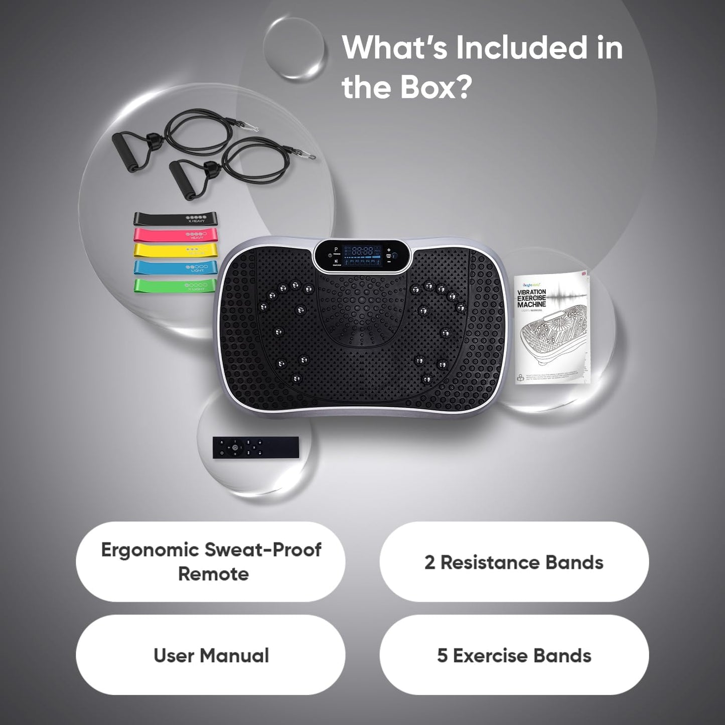 Vibration Plate Exercise Machine - 5 Programs + 99 Intensity Levels - Built-In Bluetooth Speaker - 2 Resistance Bands - Easy-To-Use & Portable Vibrating Plate Exercise Machine