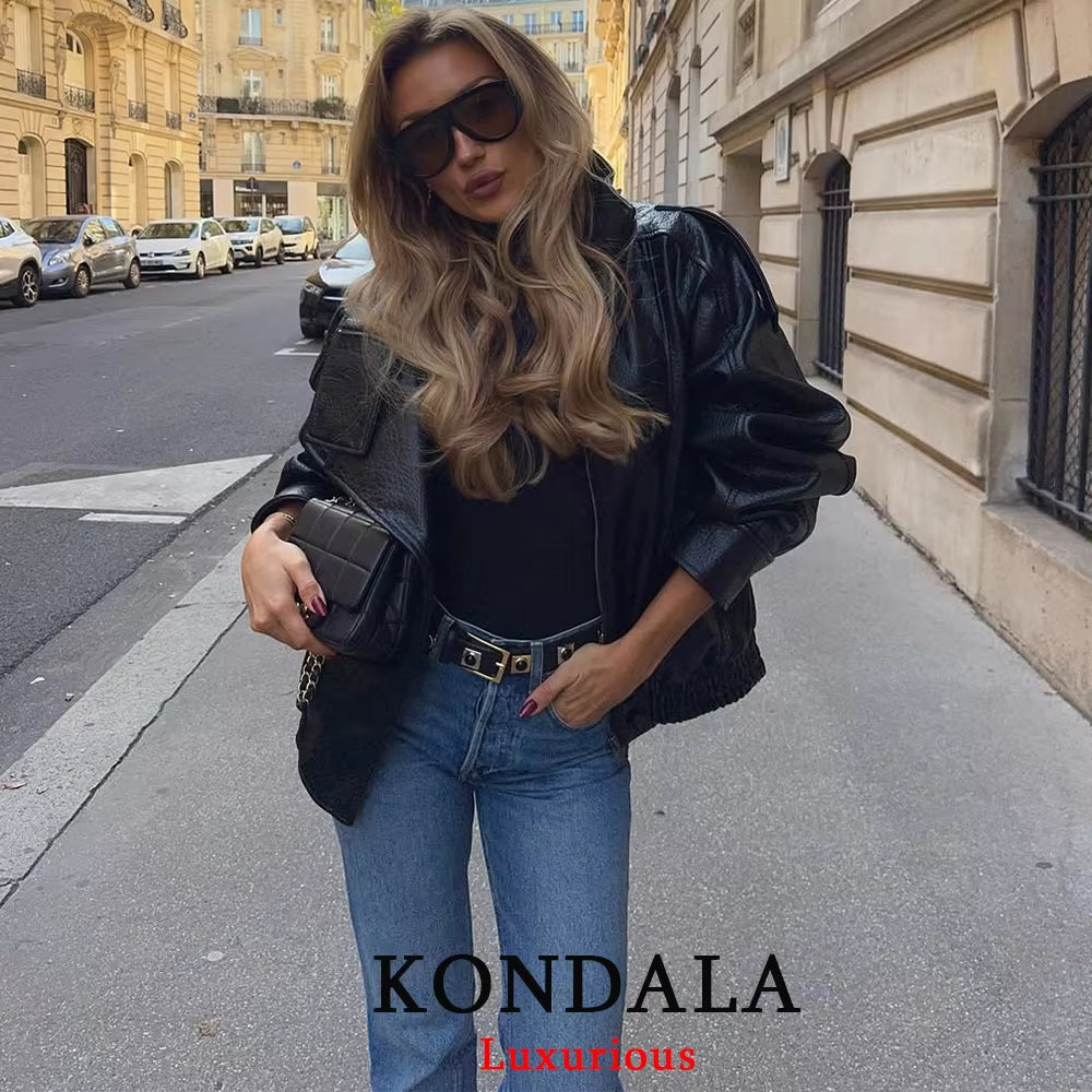 Casual Chic Black Leather Jackets Women Long Sleeve Buttons Elastic Oversized Coats Fashion 2025 Fall Streetwear Coats