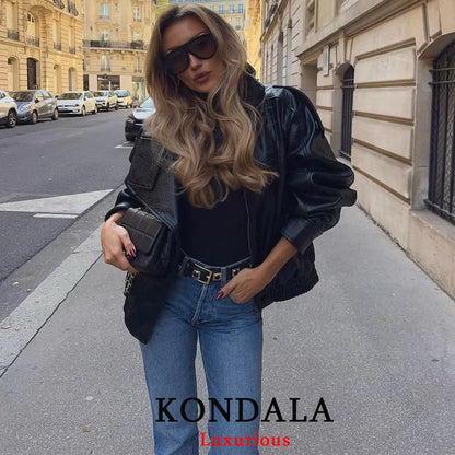 Casual Chic Black Leather Jackets Women Long Sleeve Buttons Elastic Oversized Coats Fashion 2025 Fall Streetwear Coats