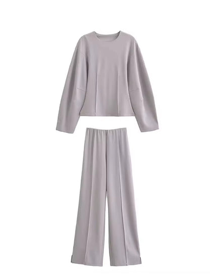 Women'S 2-Piece Set Fashion Slimming Double-Sided Fabric round Neck Long-Sleeve Top+Elegant Stretch Casual Wide Leg Pants