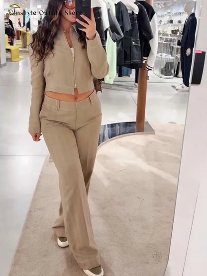 Casual Trousers Set Women Cotton Linen Lapel Zippers Crop Top Straight Pants Sets Lady 2025 Autumn Solid Suit Woman Streetwear