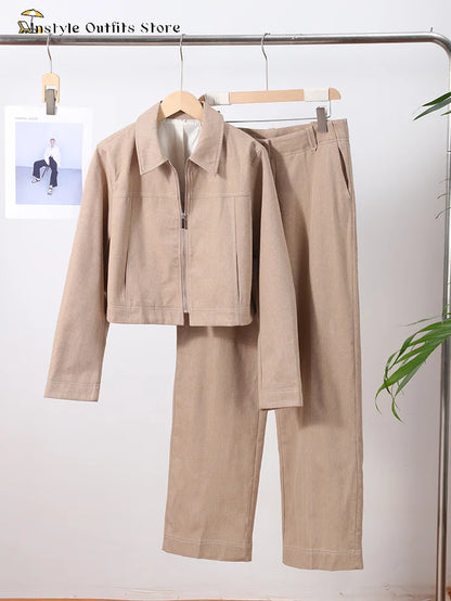 Casual Trousers Set Women Cotton Linen Lapel Zippers Crop Top Straight Pants Sets Lady 2025 Autumn Solid Suit Woman Streetwear