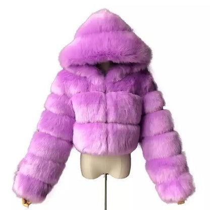 Short Hood Fox Fur Women's Long Sleeve Stitching Coat