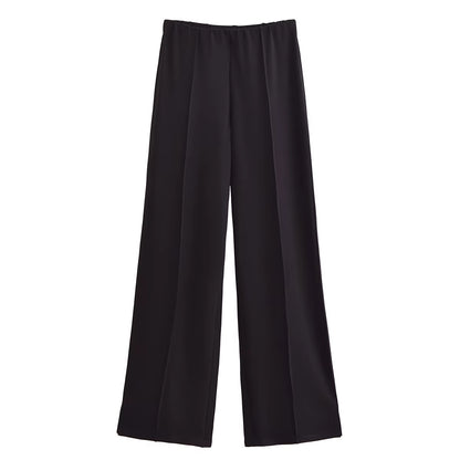 Women'S 2-Piece Set Fashion Slimming Double-Sided Fabric round Neck Long-Sleeve Top+Elegant Stretch Casual Wide Leg Pants