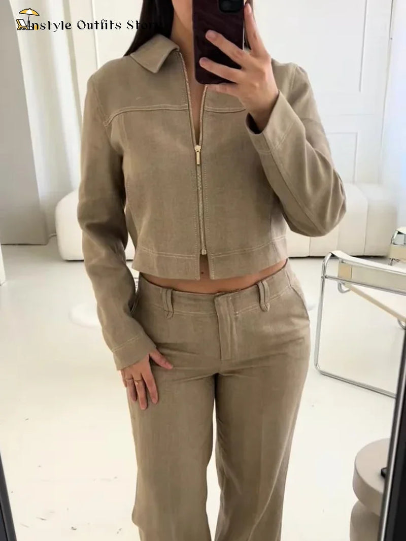 Casual Trousers Set Women Cotton Linen Lapel Zippers Crop Top Straight Pants Sets Lady 2025 Autumn Solid Suit Woman Streetwear