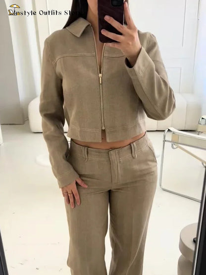 Casual Trousers Set Women Cotton Linen Lapel Zippers Crop Top Straight Pants Sets Lady 2025 Autumn Solid Suit Woman Streetwear