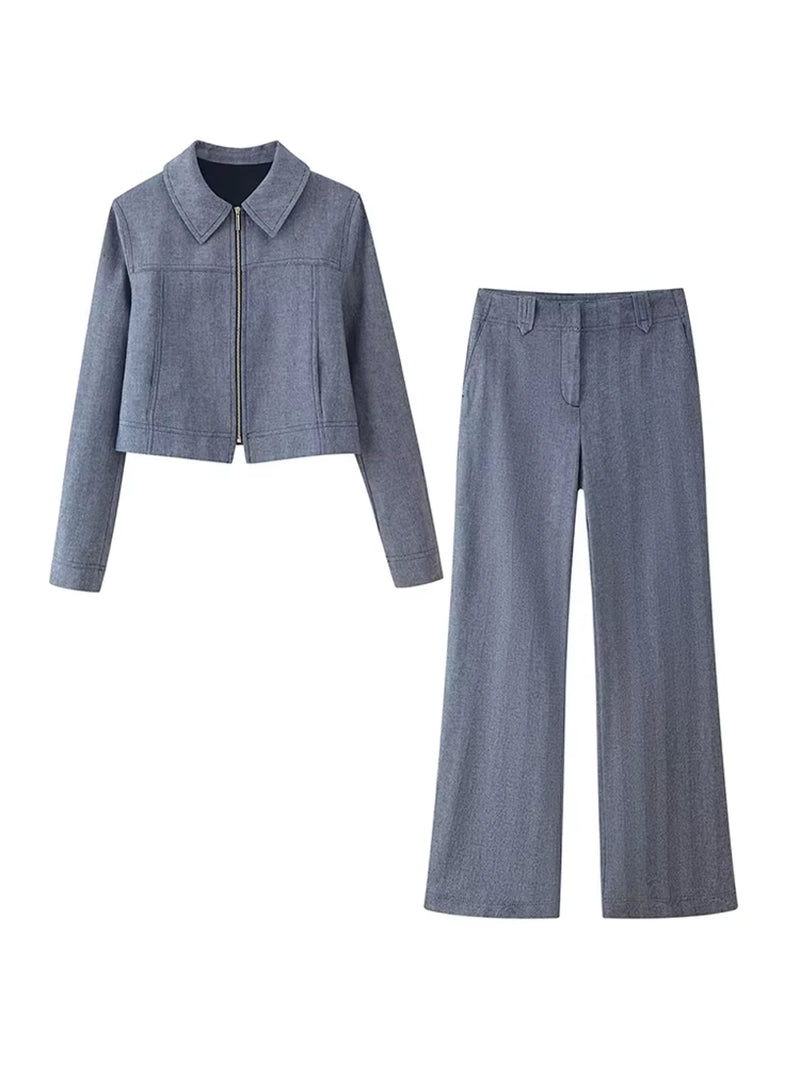 Casual Trousers Set Women Cotton Linen Lapel Zippers Crop Top Straight Pants Sets Lady 2025 Autumn Solid Suit Woman Streetwear