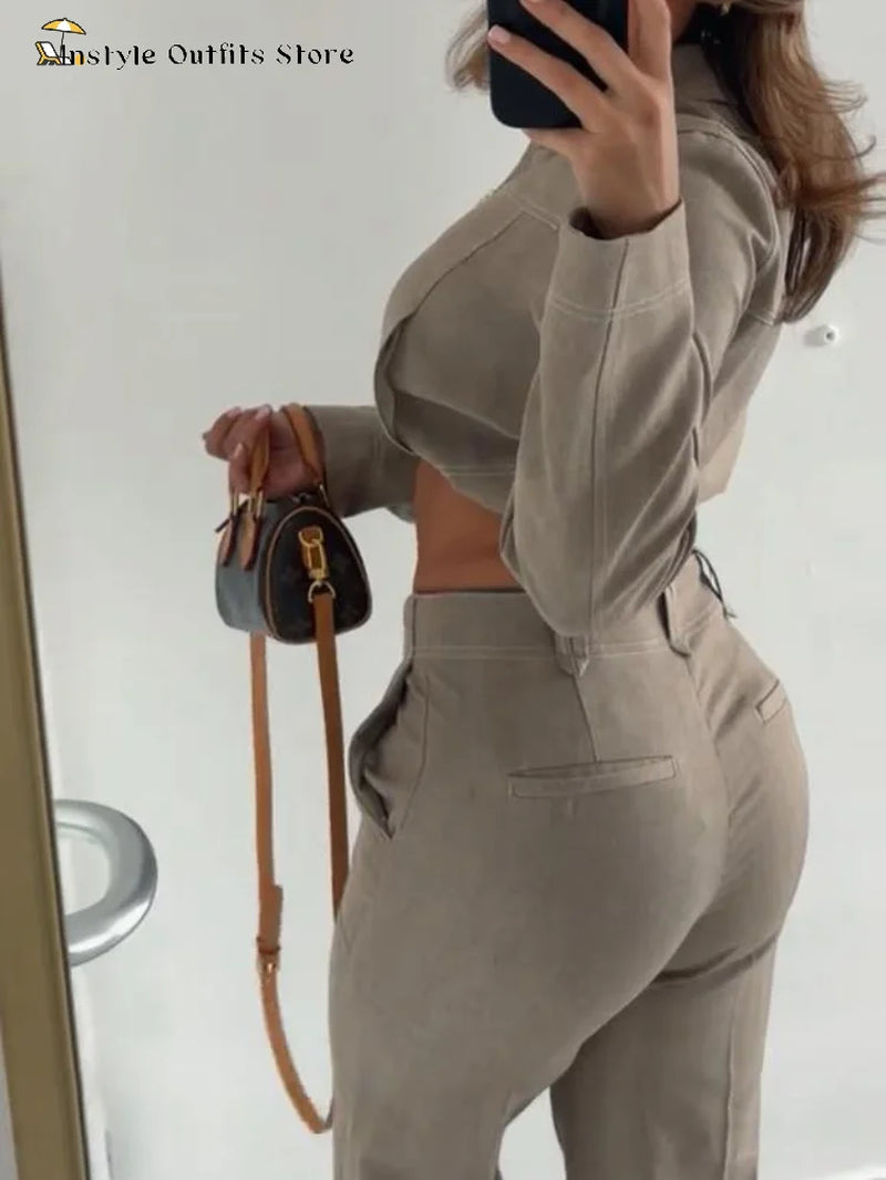 Casual Trousers Set Women Cotton Linen Lapel Zippers Crop Top Straight Pants Sets Lady 2025 Autumn Solid Suit Woman Streetwear