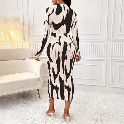 European American Fashion Floral Print Midriff-baring Long Sleeve Hip-wrapped Temperament Dress