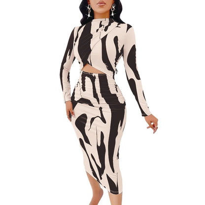 European American Fashion Floral Print Midriff-baring Long Sleeve Hip-wrapped Temperament Dress