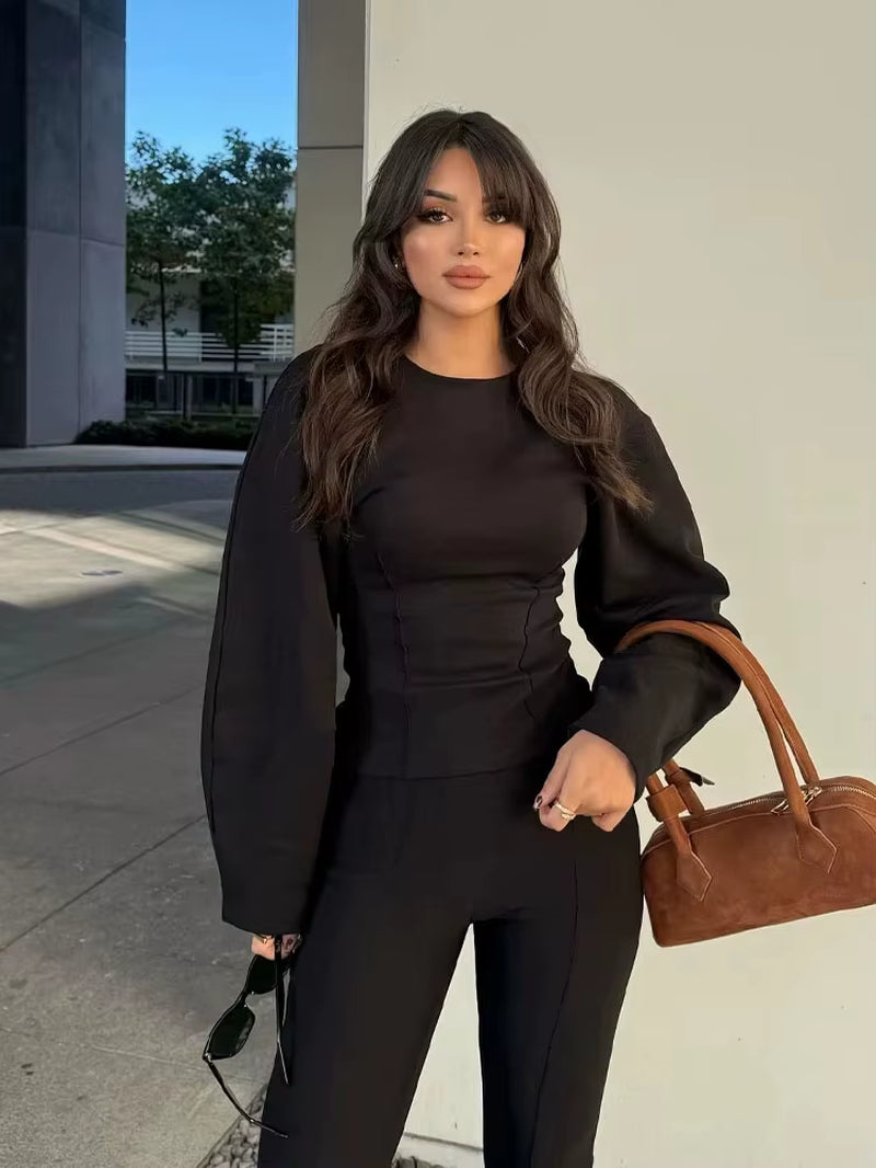 Women'S 2-Piece Set Fashion Slimming Double-Sided Fabric round Neck Long-Sleeve Top+Elegant Stretch Casual Wide Leg Pants