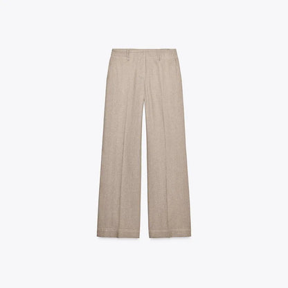 Casual Trousers Set Women Cotton Linen Lapel Zippers Crop Top Straight Pants Sets Lady 2025 Autumn Solid Suit Woman Streetwear