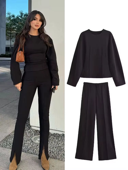 Women'S 2-Piece Set Fashion Slimming Double-Sided Fabric round Neck Long-Sleeve Top+Elegant Stretch Casual Wide Leg Pants