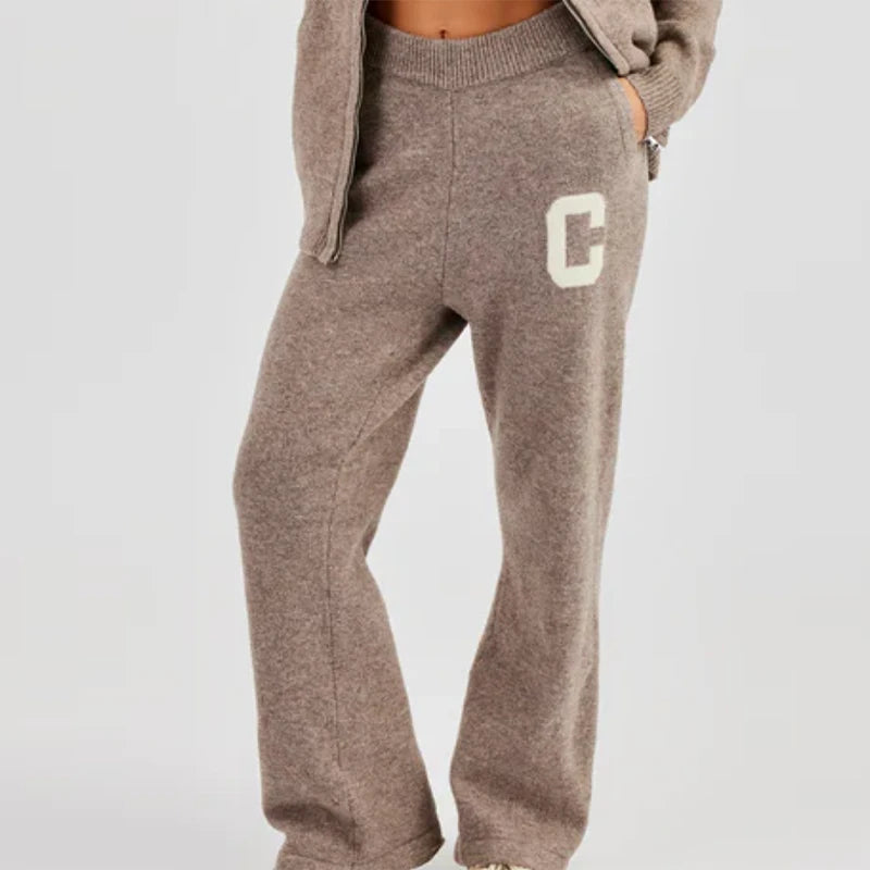 Letter Pattern Knit Jacket Trousers Lady Set Hooded Zipper Jackets High Waist Straight Long Pants Casual Versatile Women'S Sets