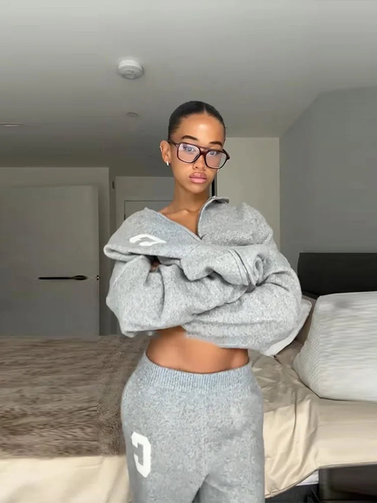 Letter Pattern Knit Jacket Trousers Lady Set Hooded Zipper Jackets High Waist Straight Long Pants Casual Versatile Women'S Sets