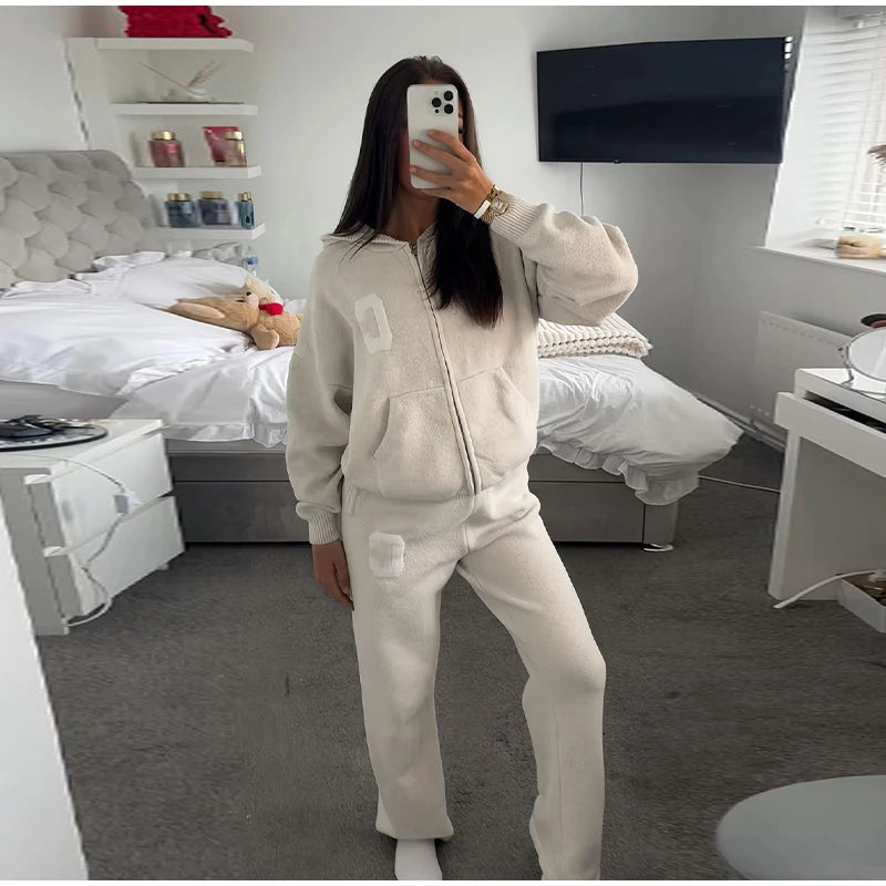 Letter Pattern Knit Jacket Trousers Lady Set Hooded Zipper Jackets High Waist Straight Long Pants Casual Versatile Women'S Sets