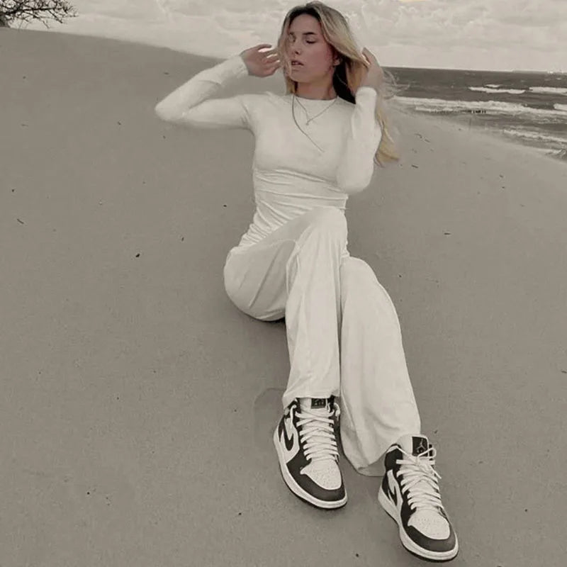 Solid Pleated Casual Basic Trousers Set round Neck Long Sleeve Top Fashion Sports Style High Waist Wide Leg Pants Suit