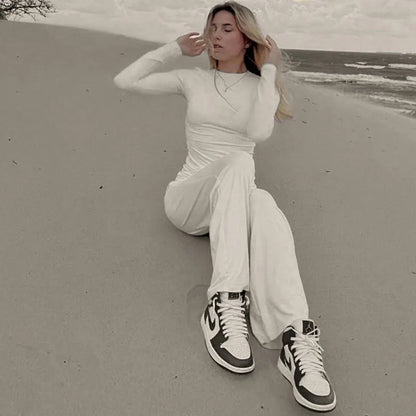 Solid Pleated Casual Basic Trousers Set round Neck Long Sleeve Top Fashion Sports Style High Waist Wide Leg Pants Suit