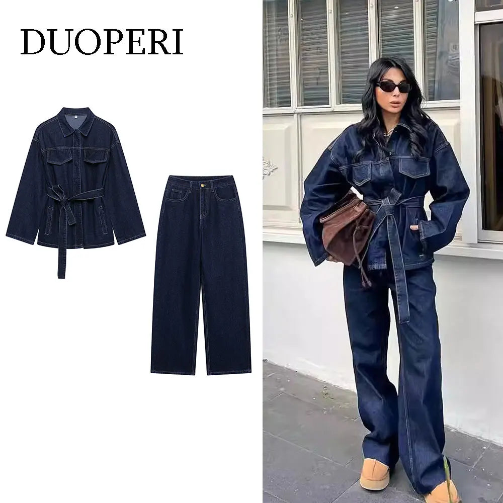 DUOPERI Women Fashion 2 Pieces Sets with Belt Denim Jackets & Vintage Front Zipper Jeans Trousers Feamle Chic Lady Pants Sets