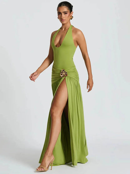 Elegant Backless Sexy Maxi Dress Set Women Halter Bodysuit and Maxi Skirt Matching Set Female Ruched Split Dress Sets