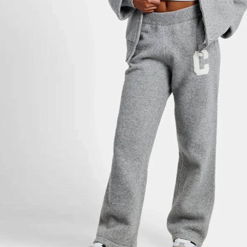 Letter Pattern Knit Jacket Trousers Lady Set Hooded Zipper Jackets High Waist Straight Long Pants Casual Versatile Women'S Sets