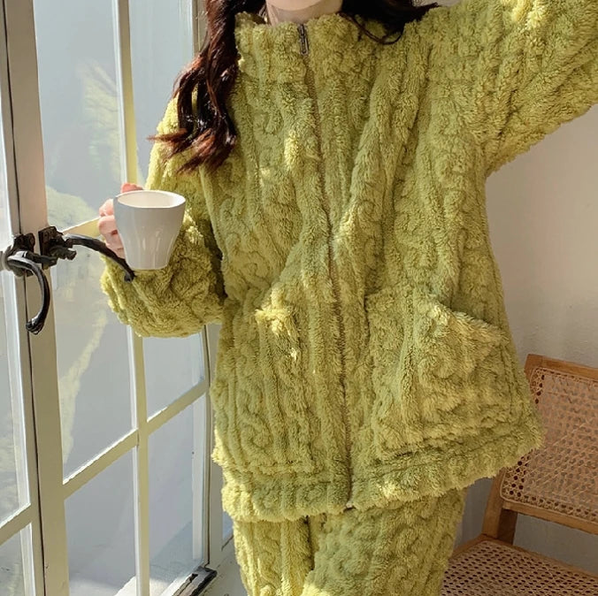 Autumn and Winter Fashion Two Piece Set 2Pcs Jacquard Textured Stand Collar Zip up Fuzzy Teddy Top & Pants Set for Women