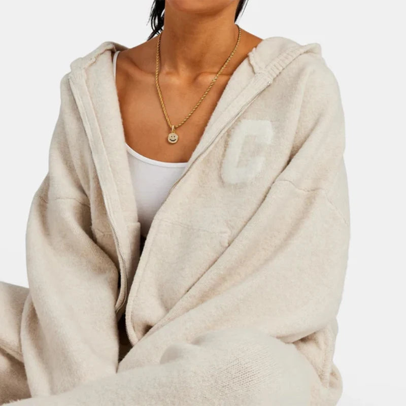 Letter Pattern Knit Jacket Trousers Lady Set Hooded Zipper Jackets High Waist Straight Long Pants Casual Versatile Women'S Sets