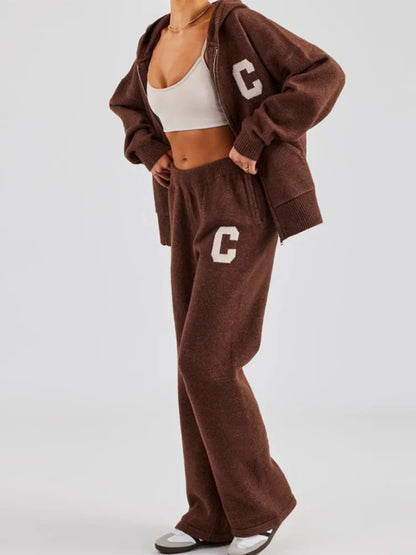 Letter Pattern Knit Jacket Trousers Lady Set Hooded Zipper Jackets High Waist Straight Long Pants Casual Versatile Women'S Sets