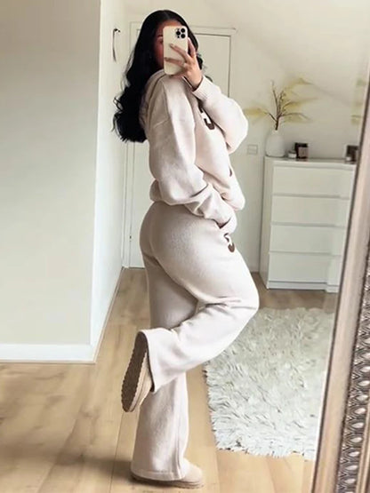 Letter Pattern Knit Jacket Trousers Lady Set Hooded Zipper Jackets High Waist Straight Long Pants Casual Versatile Women'S Sets