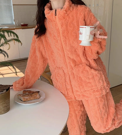 Autumn and Winter Fashion Two Piece Set 2Pcs Jacquard Textured Stand Collar Zip up Fuzzy Teddy Top & Pants Set for Women