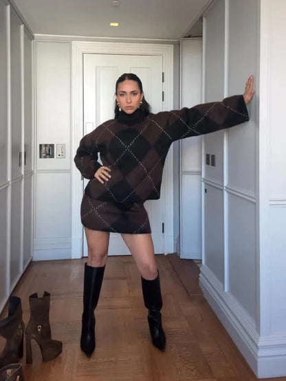 Print Sweaters Women' Sets Turtleneck Long Sleeve Loose Thick Knit Pullovers Mini Skirt Set 2025 Autumn Winter Fluffy Lady Suit