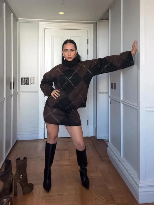 Print Sweaters Women' Sets Turtleneck Long Sleeve Loose Thick Knit Pullovers Mini Skirt Set 2025 Autumn Winter Fluffy Lady Suit