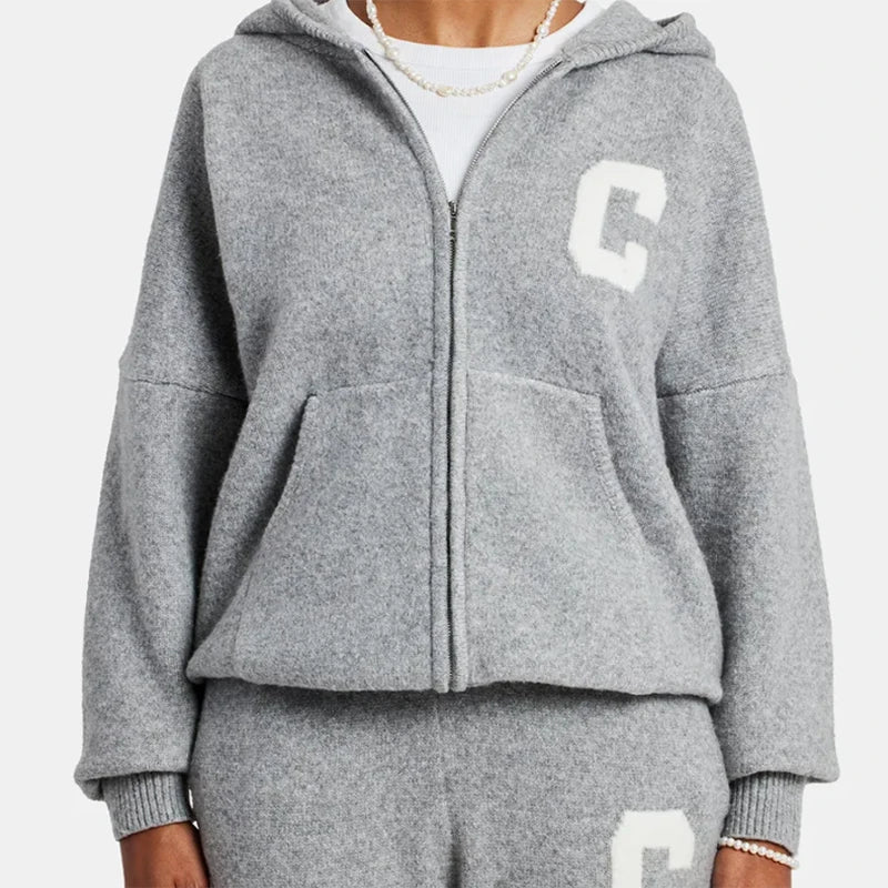 Letter Pattern Knit Jacket Trousers Lady Set Hooded Zipper Jackets High Waist Straight Long Pants Casual Versatile Women'S Sets