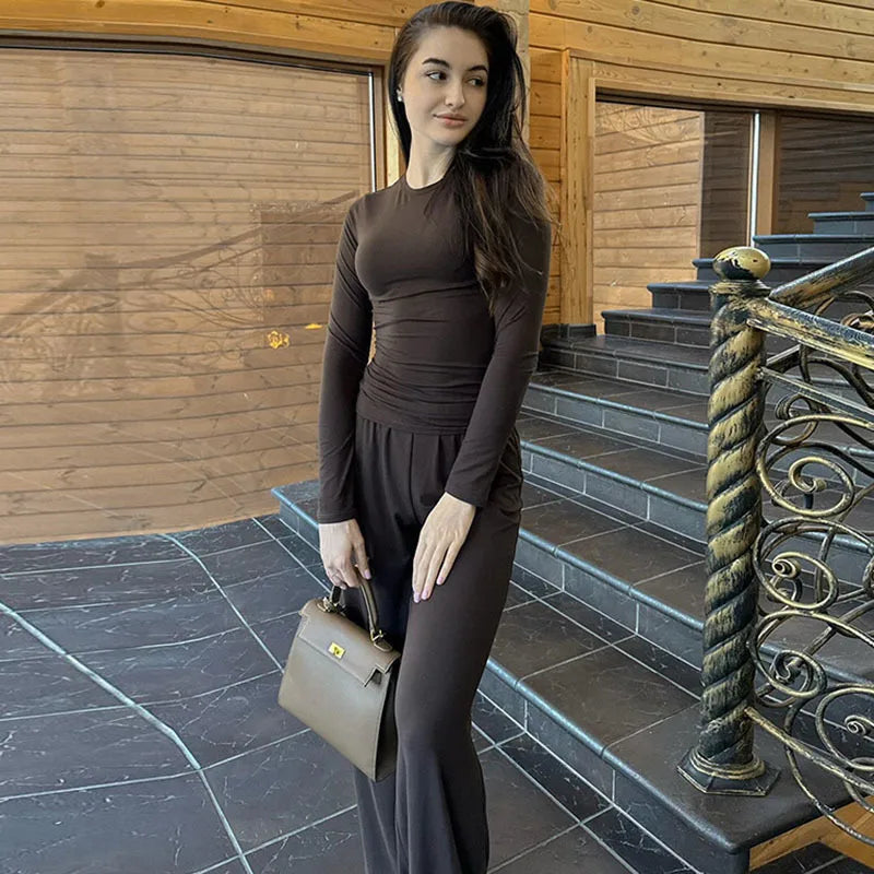 Solid Pleated Casual Basic Trousers Set round Neck Long Sleeve Top Fashion Sports Style High Waist Wide Leg Pants Suit