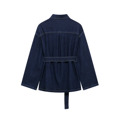 DUOPERI Women Fashion 2 Pieces Sets with Belt Denim Jackets & Vintage Front Zipper Jeans Trousers Feamle Chic Lady Pants Sets