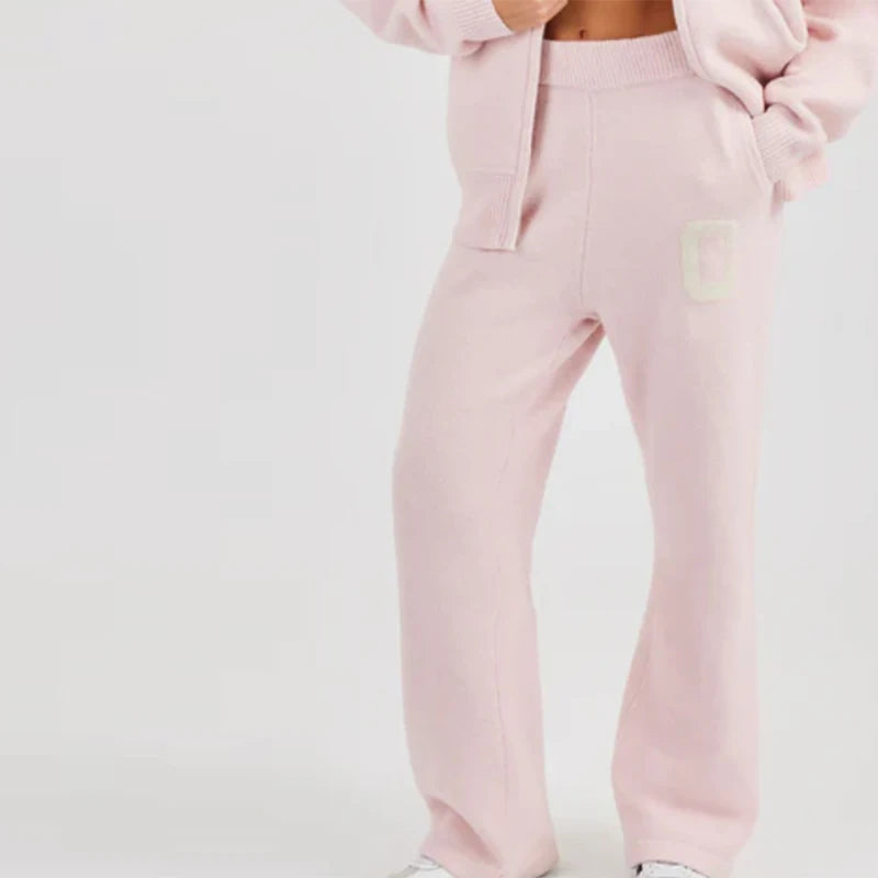 Letter Pattern Knit Jacket Trousers Lady Set Hooded Zipper Jackets High Waist Straight Long Pants Casual Versatile Women'S Sets