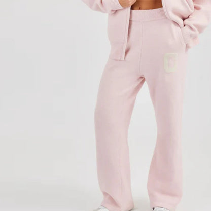 Letter Pattern Knit Jacket Trousers Lady Set Hooded Zipper Jackets High Waist Straight Long Pants Casual Versatile Women'S Sets