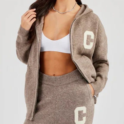 Letter Pattern Knit Jacket Trousers Lady Set Hooded Zipper Jackets High Waist Straight Long Pants Casual Versatile Women'S Sets
