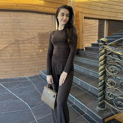 Solid Pleated Casual Basic Trousers Set round Neck Long Sleeve Top Fashion Sports Style High Waist Wide Leg Pants Suit