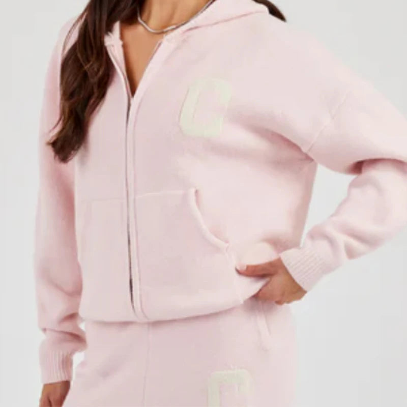 Letter Pattern Knit Jacket Trousers Lady Set Hooded Zipper Jackets High Waist Straight Long Pants Casual Versatile Women'S Sets