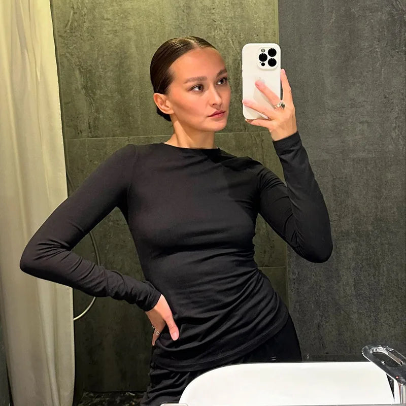 Solid Pleated Casual Basic Trousers Set round Neck Long Sleeve Top Fashion Sports Style High Waist Wide Leg Pants Suit