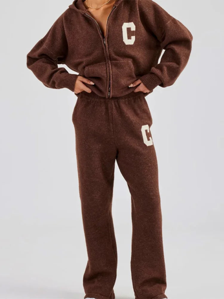 Letter Pattern Knit Jacket Trousers Lady Set Hooded Zipper Jackets High Waist Straight Long Pants Casual Versatile Women'S Sets