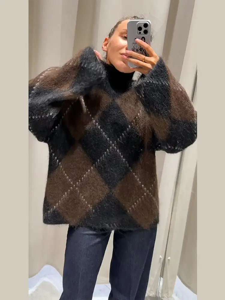 Print Sweaters Women' Sets Turtleneck Long Sleeve Loose Thick Knit Pullovers Mini Skirt Set 2025 Autumn Winter Fluffy Lady Suit