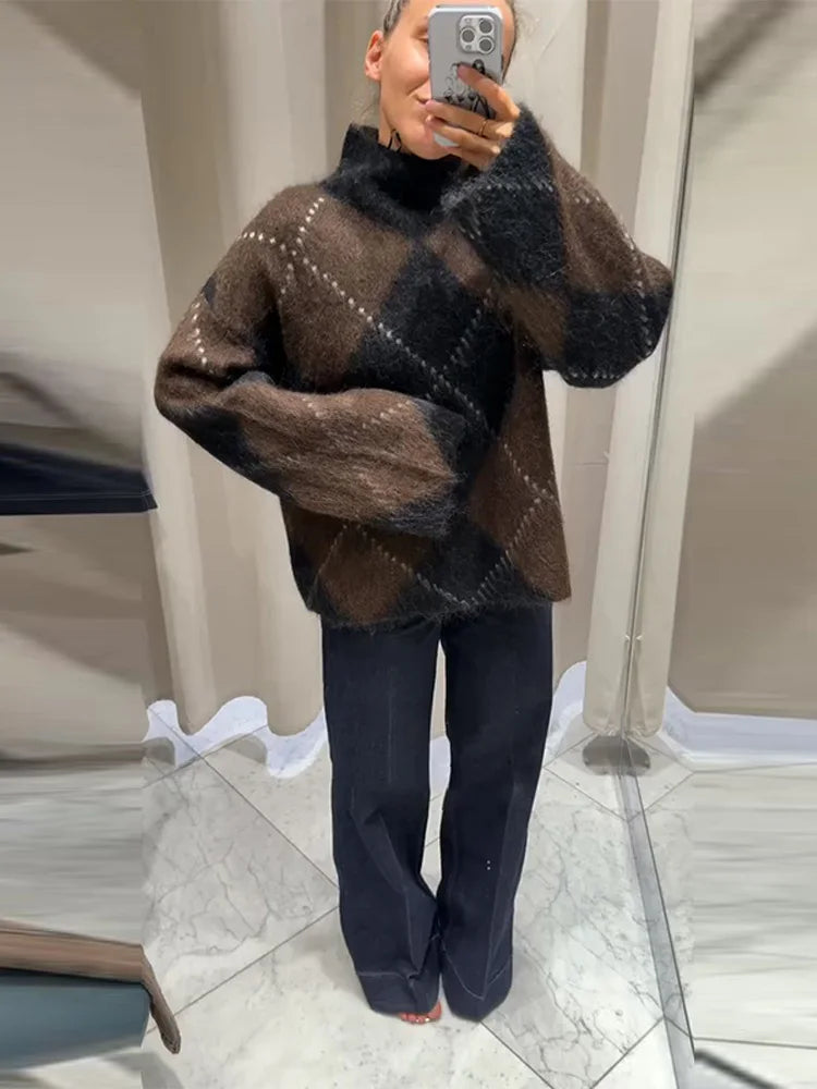 Print Sweaters Women' Sets Turtleneck Long Sleeve Loose Thick Knit Pullovers Mini Skirt Set 2025 Autumn Winter Fluffy Lady Suit