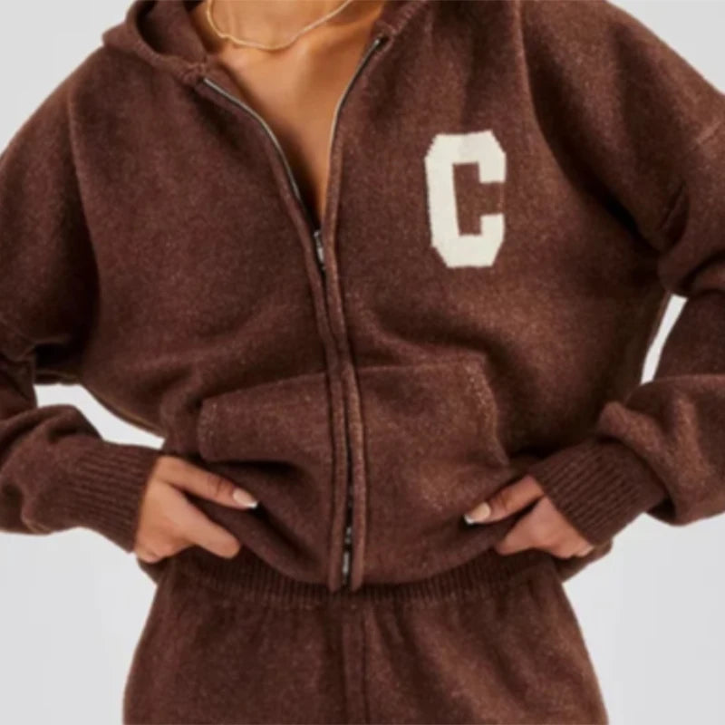 Letter Pattern Knit Jacket Trousers Lady Set Hooded Zipper Jackets High Waist Straight Long Pants Casual Versatile Women'S Sets