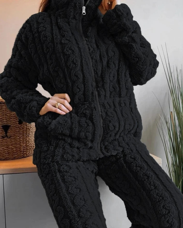 Autumn and Winter Fashion Two Piece Set 2Pcs Jacquard Textured Stand Collar Zip up Fuzzy Teddy Top & Pants Set for Women