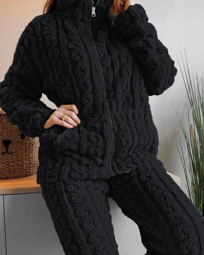 Autumn and Winter Fashion Two Piece Set 2Pcs Jacquard Textured Stand Collar Zip up Fuzzy Teddy Top & Pants Set for Women
