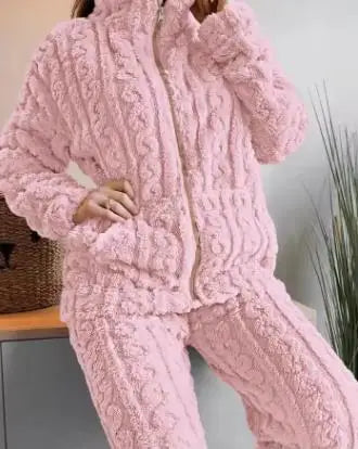 Autumn and Winter Fashion Two Piece Set 2Pcs Jacquard Textured Stand Collar Zip up Fuzzy Teddy Top & Pants Set for Women