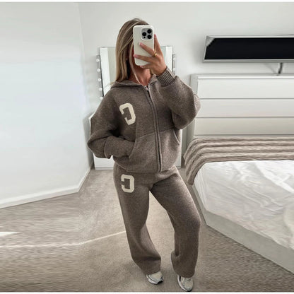 Letter Pattern Knit Jacket Trousers Lady Set Hooded Zipper Jackets High Waist Straight Long Pants Casual Versatile Women'S Sets